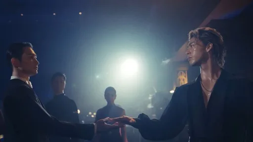 Zwei Männer in Tanzhaltung stehen sich intensiv gegenüber, die Stirnen nah beieinander, in eleganter Ballroom-Kleidung.