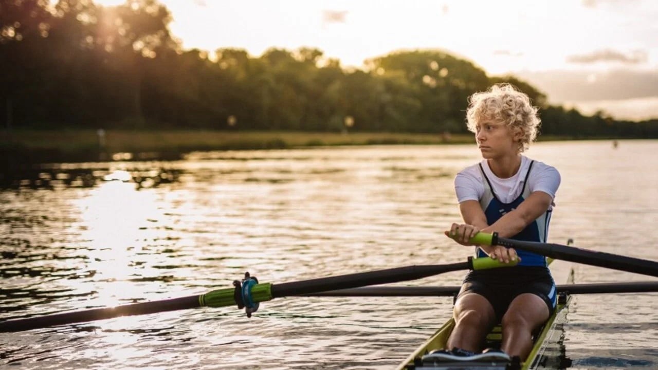 Malou steht am Ruderboot, Blick aufs Wasser gerichtet, in Skiff (2026)