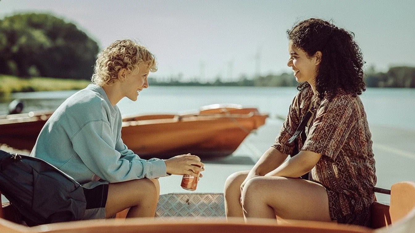 Malou steht am Ruderboot, Blick aufs Wasser gerichtet, in Skiff (2026)